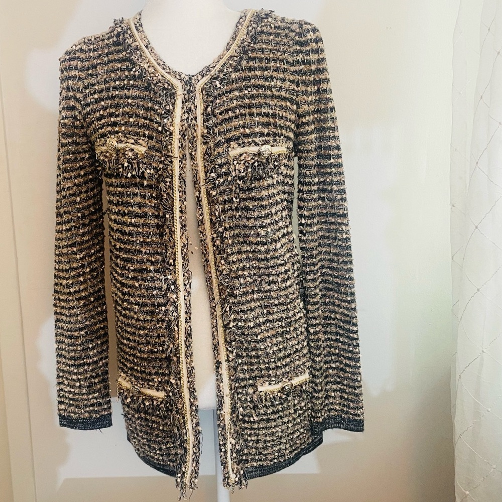 Beulah Style S/M inspired tweed long cardigan. With chain detail & more - Picture 2 of 10
